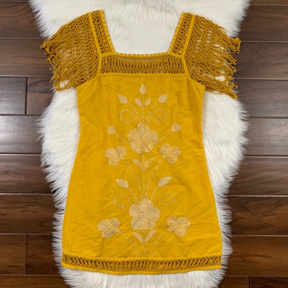 Free People Dresses & Skirts - Free People Yellow Fringe Floral Embroidered Dress